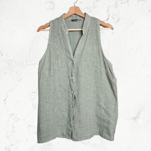 Francesca Bettini Sage Green Italian Linen Lace Trim Sleeveless Lagenlook Top